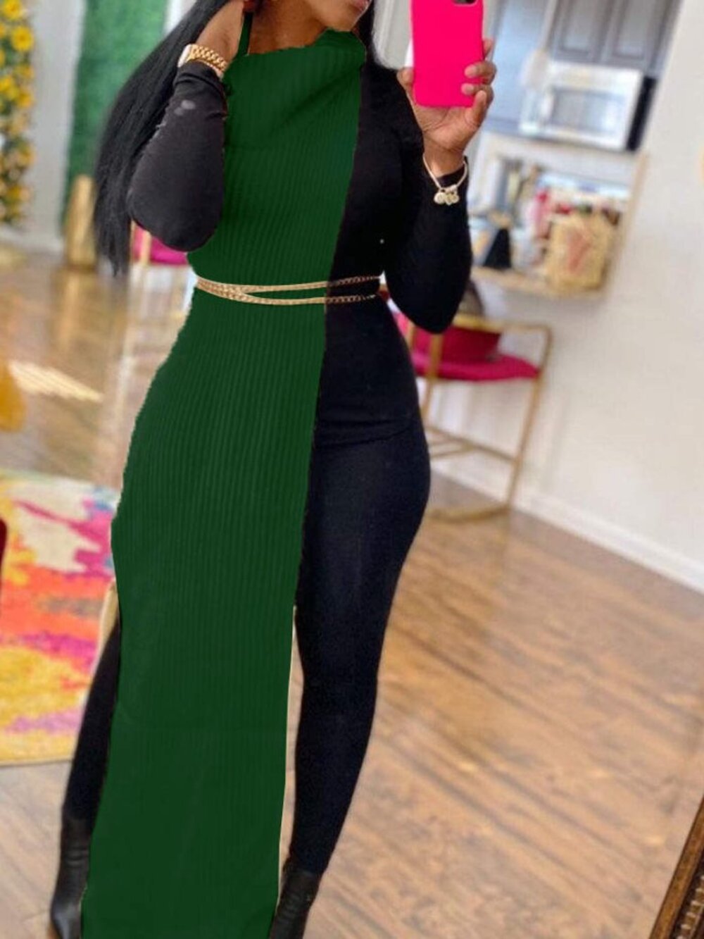 Solid Slit Turtleneck Sleeveless Dress (Without Waist Chain) - Hunter Green
